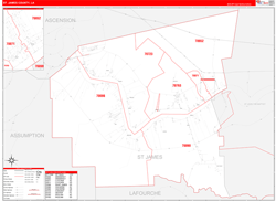 St. JamesParish (County), LA Wall Map Zip Code Red Line Style 2023